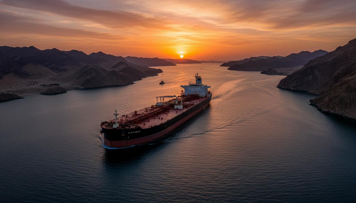 Большой нефтяной танкер идет по спокойной воде на фоне пустынных холмов Ормузского пролива на закате.