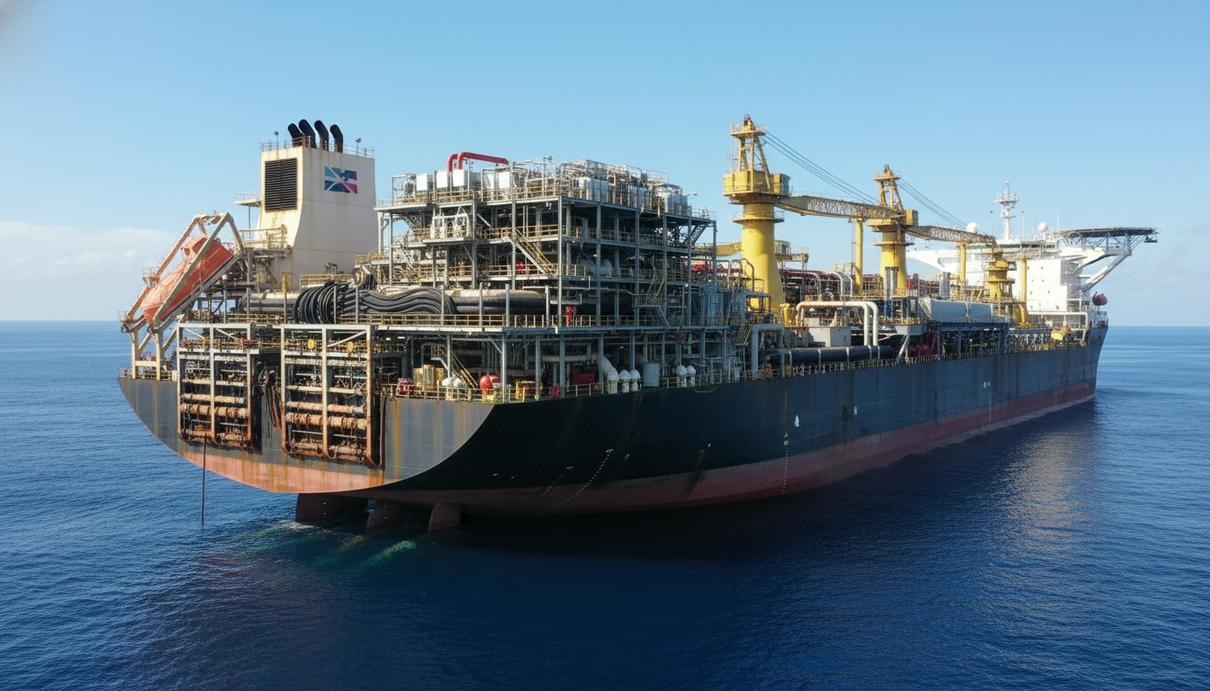 Плавучая нефтедобывающая установка FPSO в открытом море с элементами судовых трубопроводов на борту