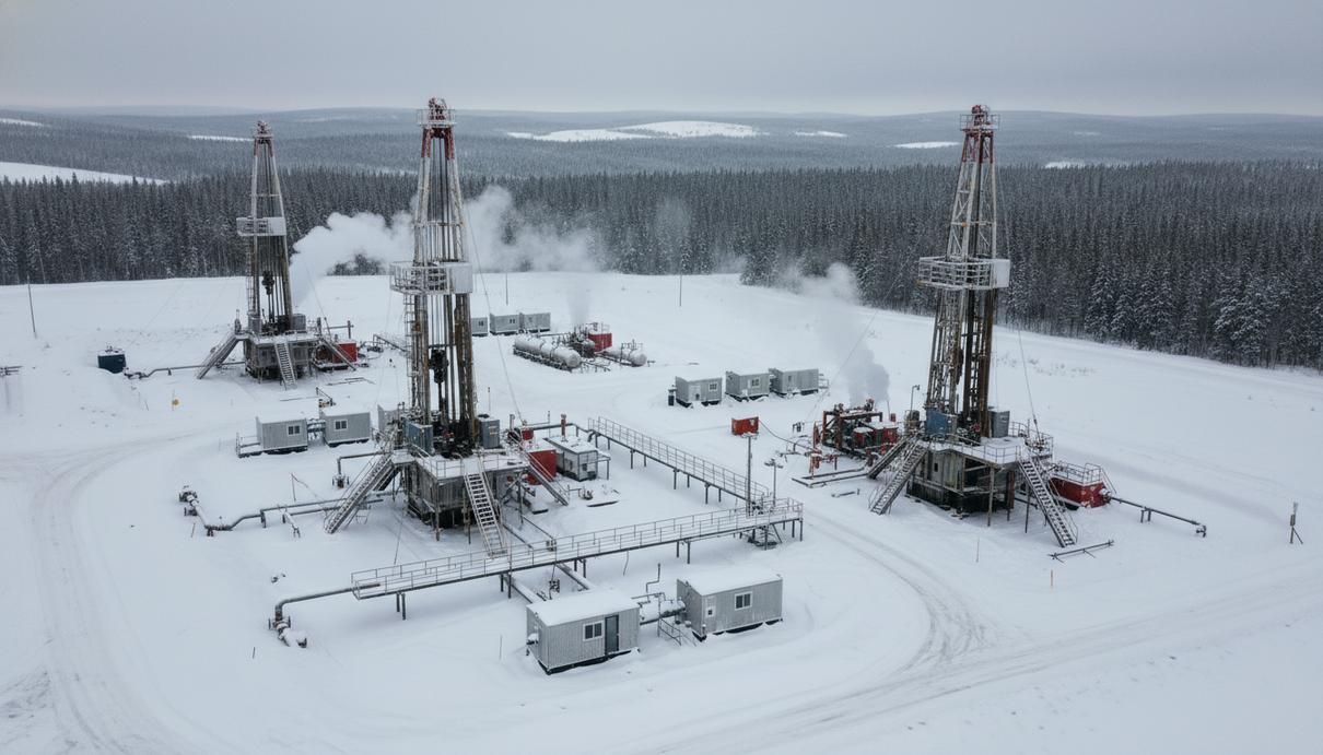 Промышленная площадка бурения нефтяных скважин в заснеженном лесу провинции Альберта в Канаде