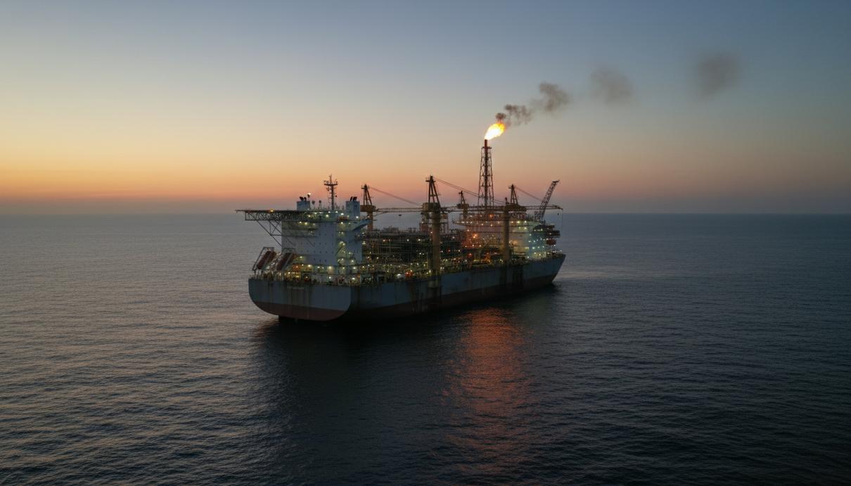 Крупное плавучее нефтедобывающее судно FPSO в открытом море на закате
