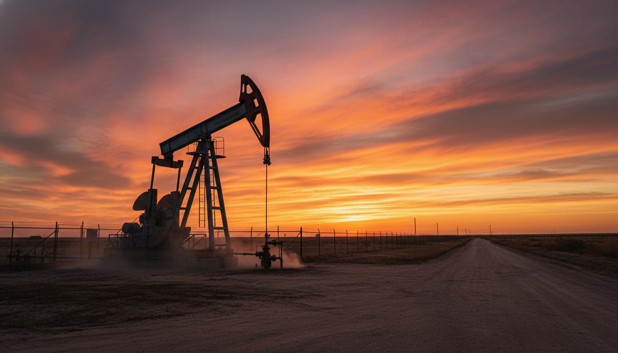 Промышленный нефтяной насос-качалка на фоне заходящего солнца и пыльной дороги в Техасе