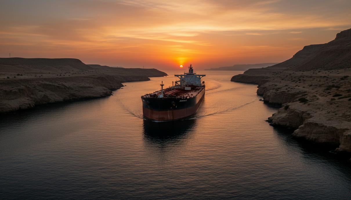 Крупный нефтяной танкер идет по спокойной воде на фоне скалистого берега при закате