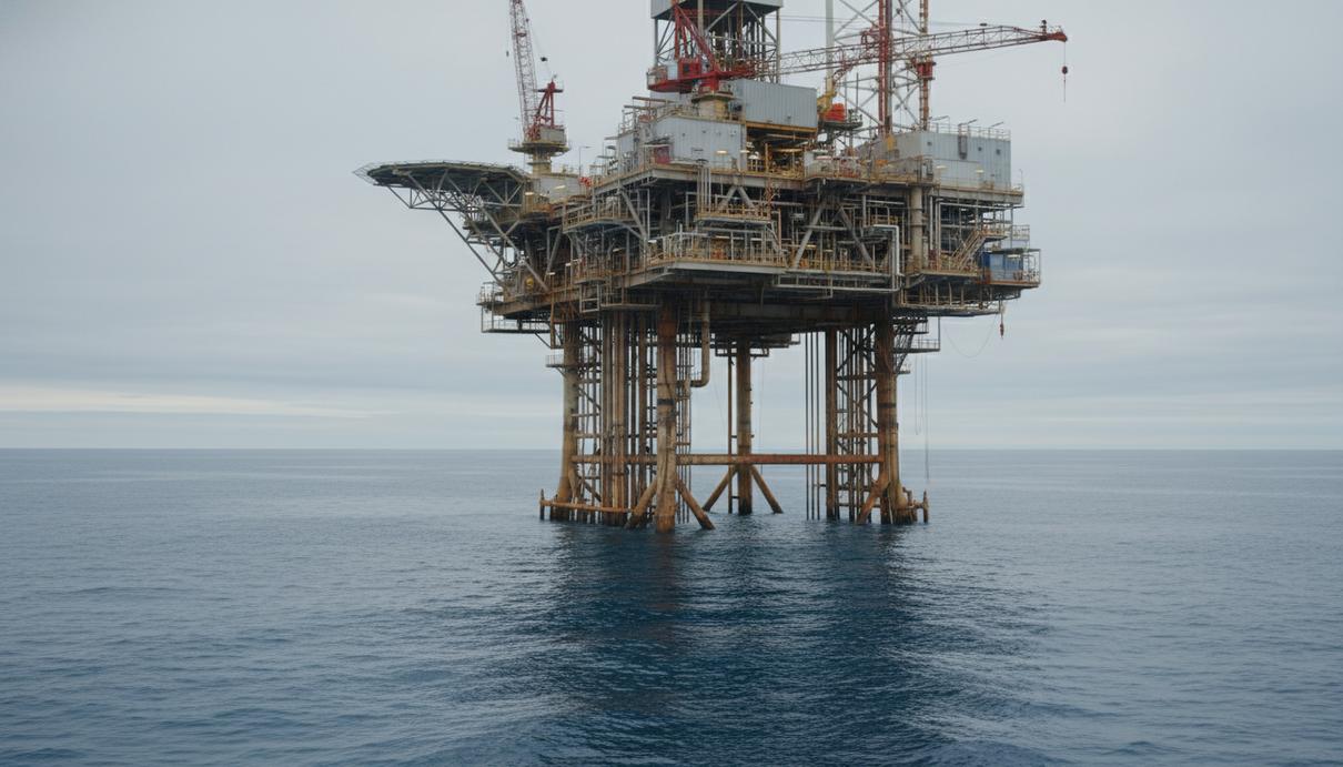 Морская буровая платформа в Северном море на фоне облачного неба и синей воды.