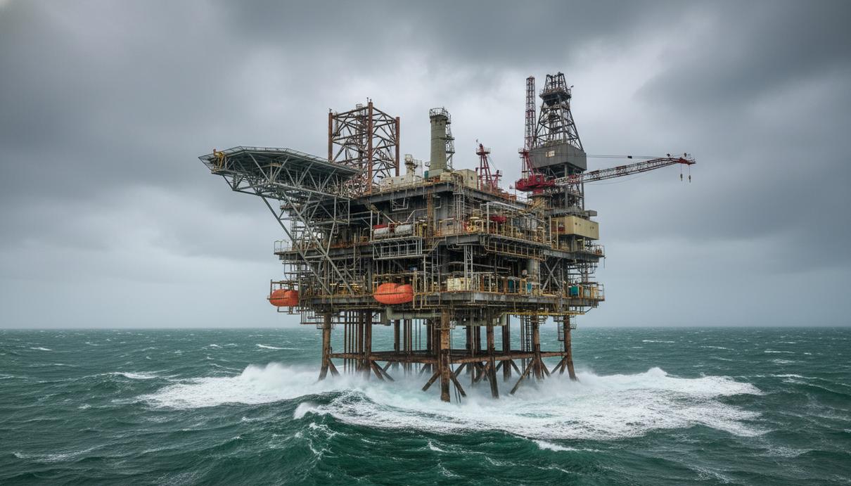 Буровая нефтяная платформа в холодном Северном море под серыми облаками.