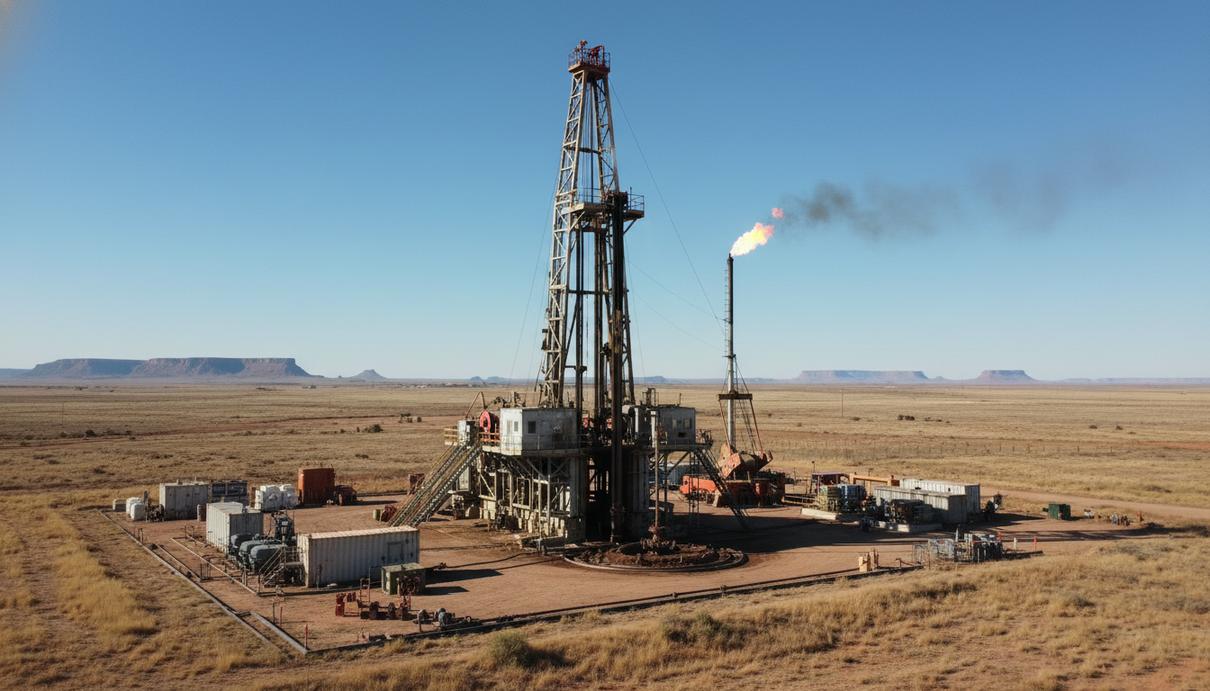 Современная буровая установка на нефтяном месторождении в полупустынной местности Техаса под ясным небом