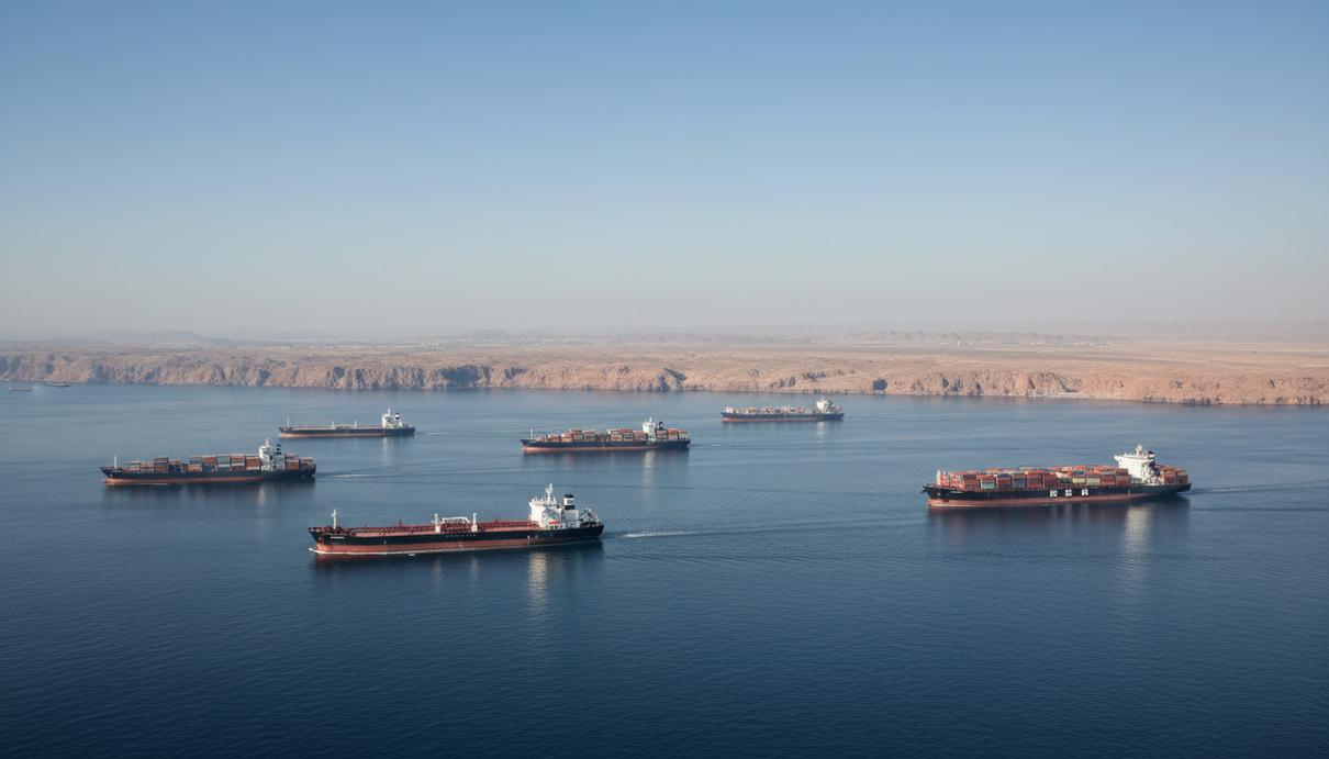 Крупные нефтяные танкеры и грузовые суда идут по спокойной воде Ормузского пролива на фоне скалистого берега.