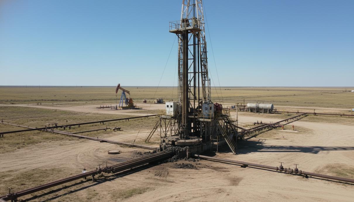 Работающая буровая установка и нефтяная вышка на месторождении в Техасе на фоне открытого горизонта