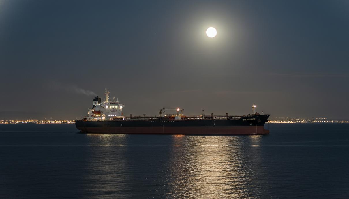 Большой нефтяной танкер в ночном Черном море на фоне далеких огней побережья
