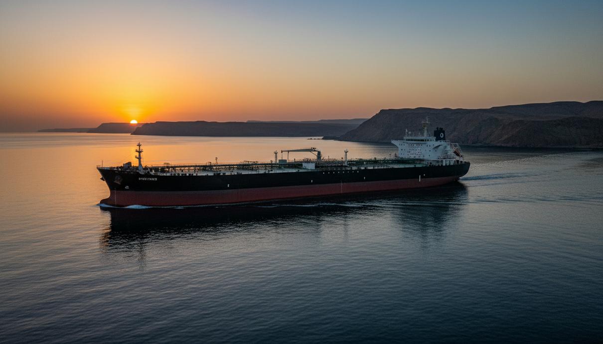 Большой нефтяной танкер идет по спокойной воде на фоне заката и скалистого берега вдали.