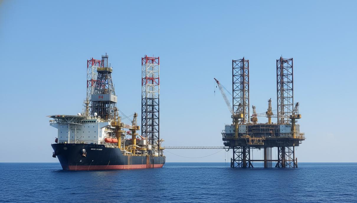 Современное буровое судно и самоподъемная буровая установка в открытом море под ясным небом