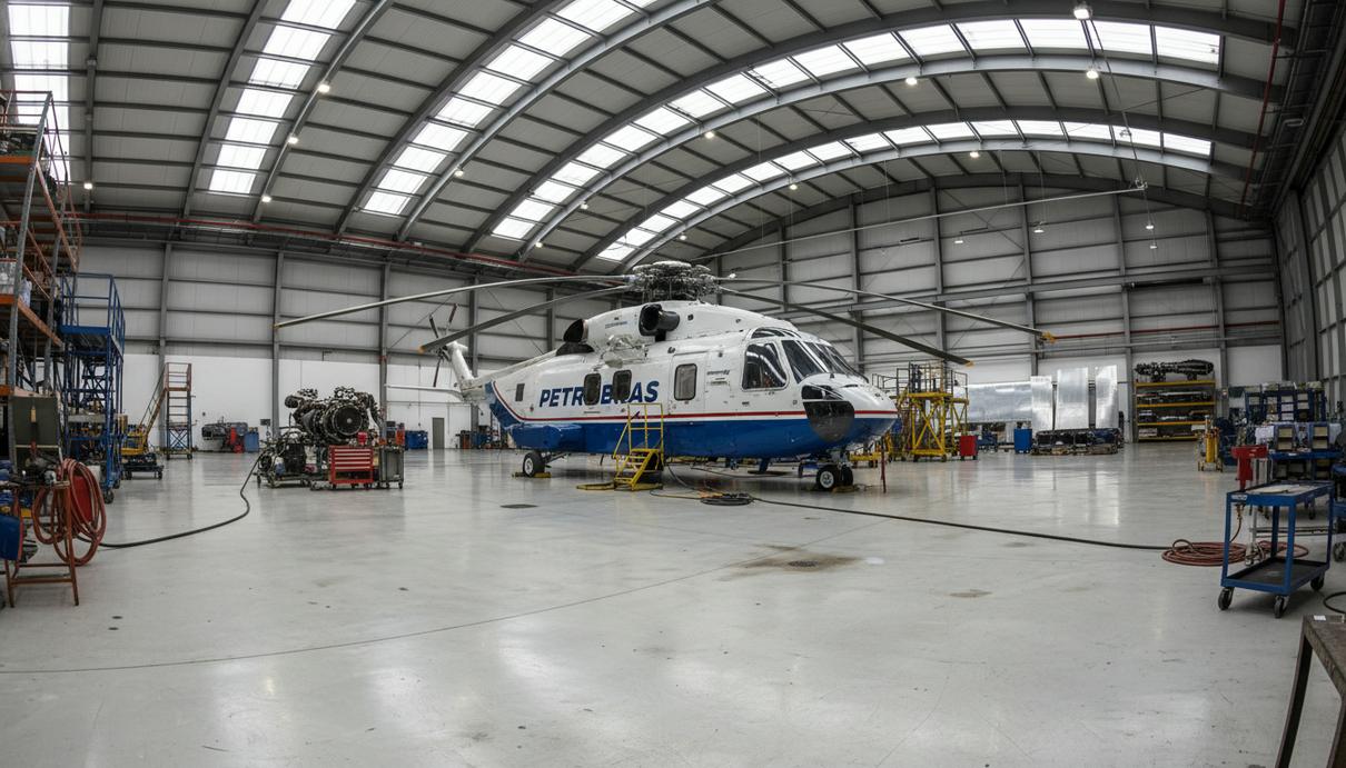 Вертолет Sikorsky S-92 в современном авиационном ангаре на техническом обслуживании