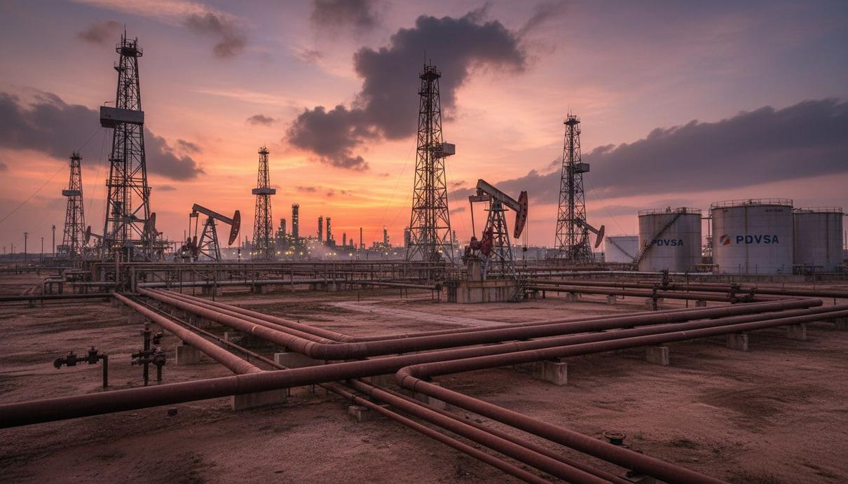 Промышленный пейзаж в Венесуэле с нефтяными вышками, трубопроводами и резервуарами на закате