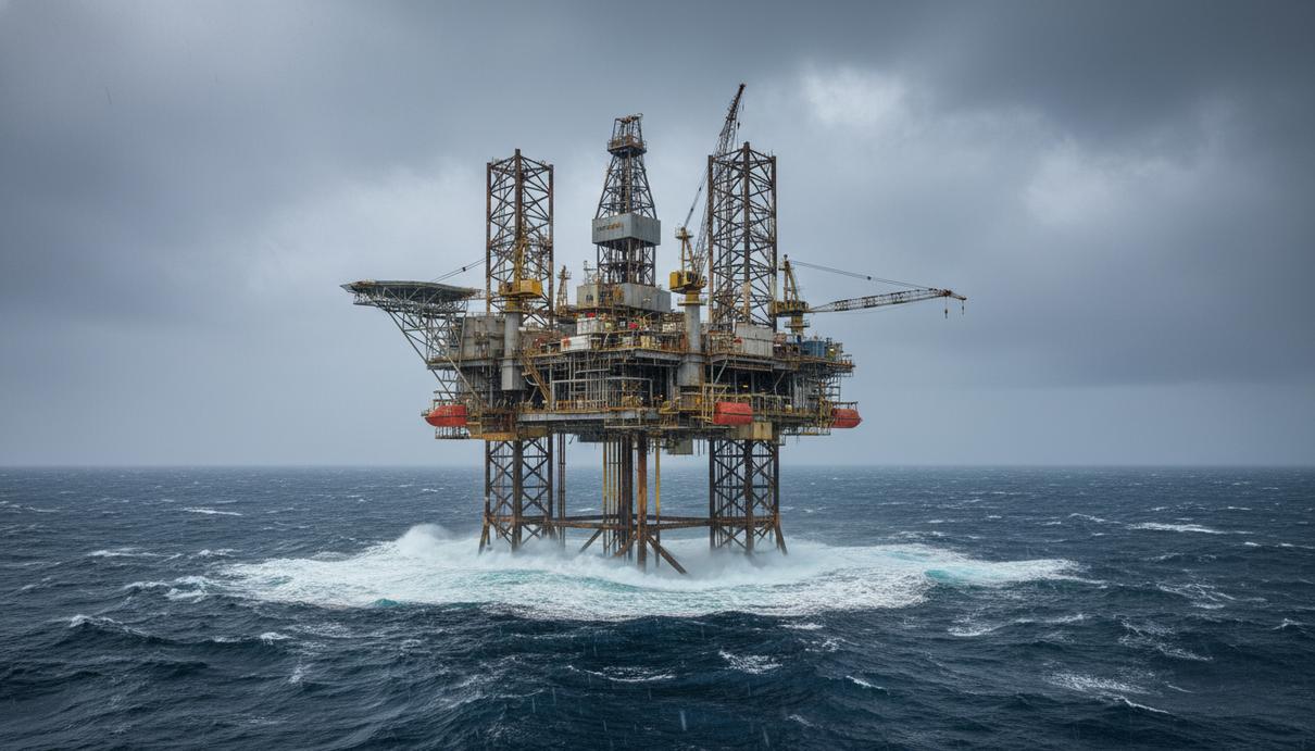 Крупная нефтяная платформа на стальных опорах среди неспокойных вод океана под пасмурным небом.