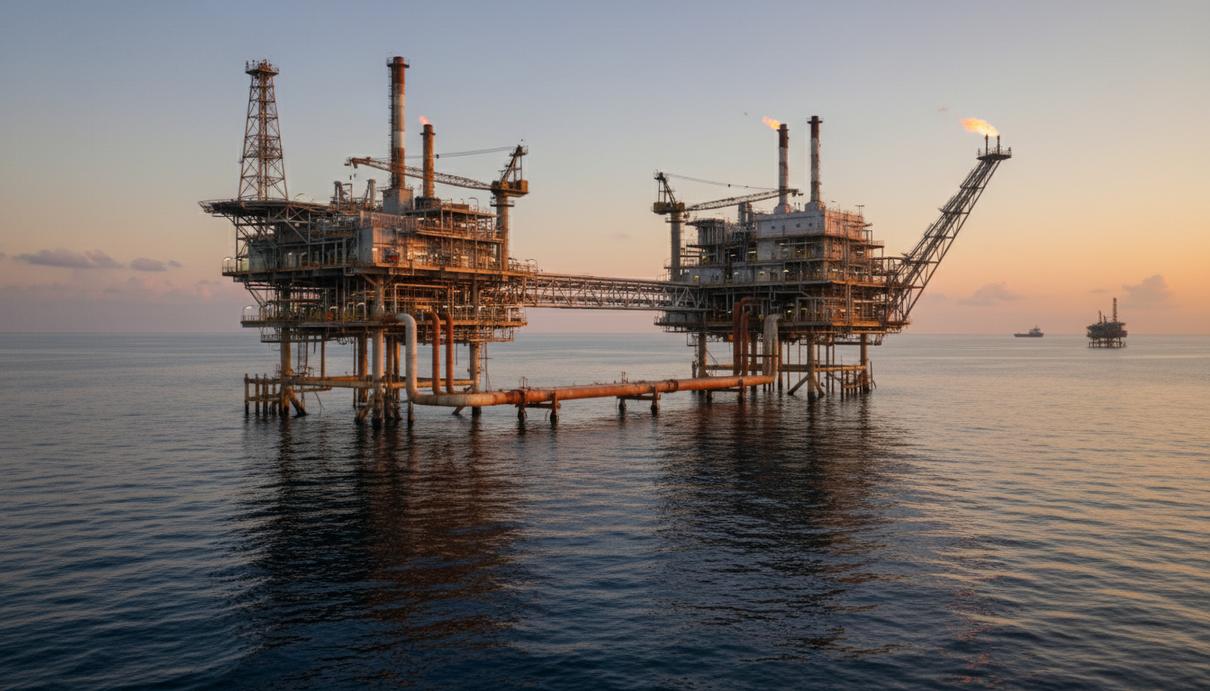 Морская газодобывающая платформа на Каспийском море в предзакатных сумерках
