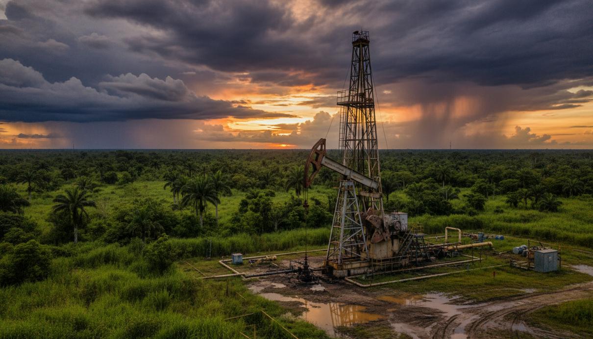 Буровая вышка на нефтяном месторождении в Колумбии на фоне тропической зелени на закате