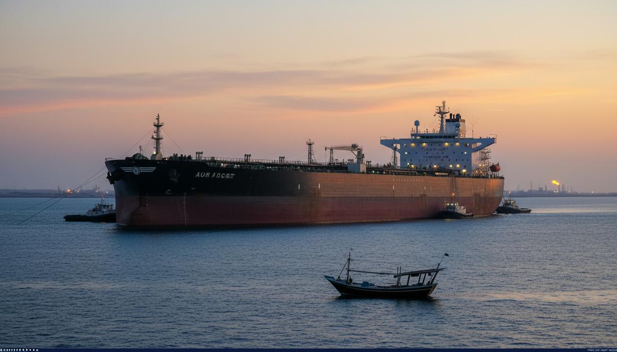 Большой нефтяной танкер на воде в Персидском заливе на фоне заката