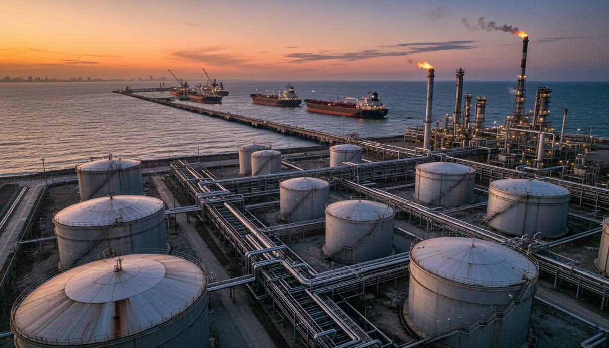 Промышленный пейзаж нефтеперерабатывающего завода с резервуарами для хранения сырья и трубопроводами