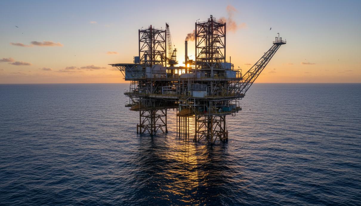 Морская нефтедобывающая платформа в Мексиканском заливе на рассвете в спокойную погоду.