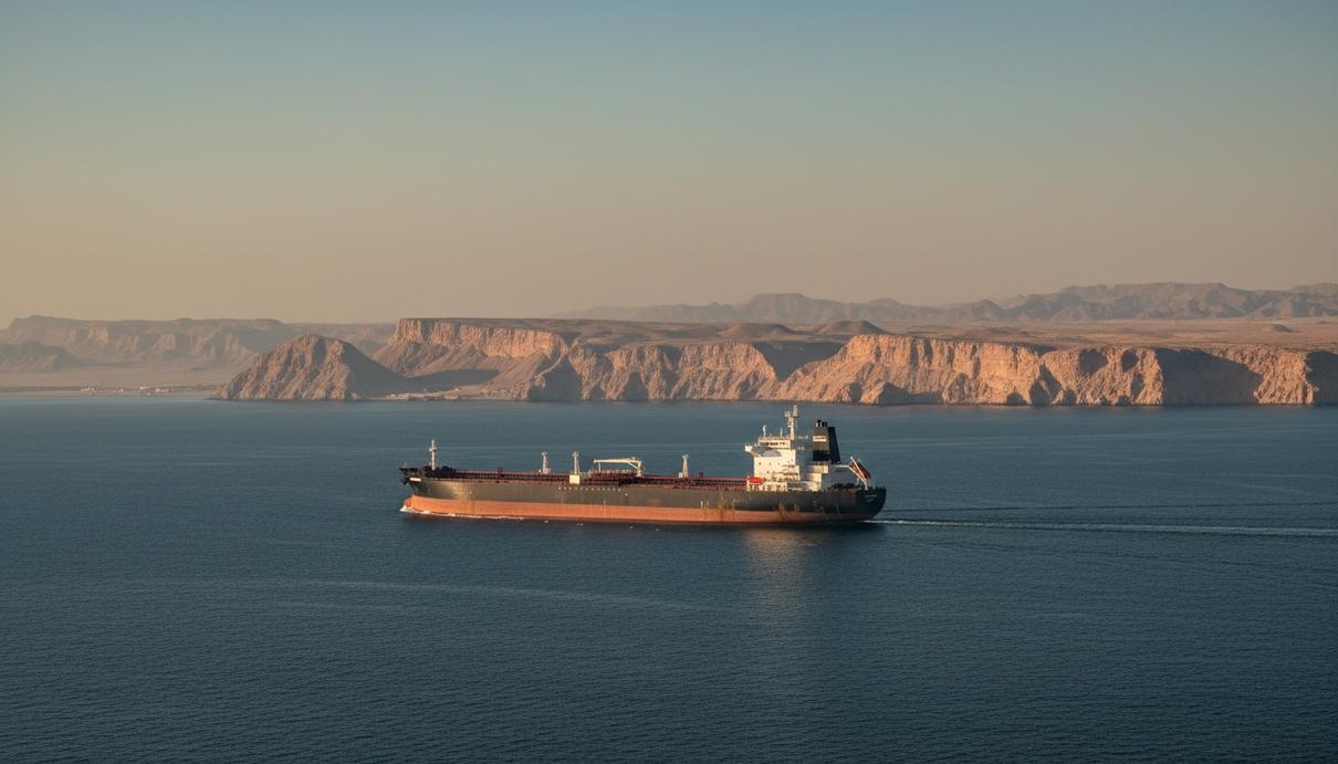 Крупный нефтяной танкер идет по спокойной воде в Ормузском проливе на фоне скалистого берега.