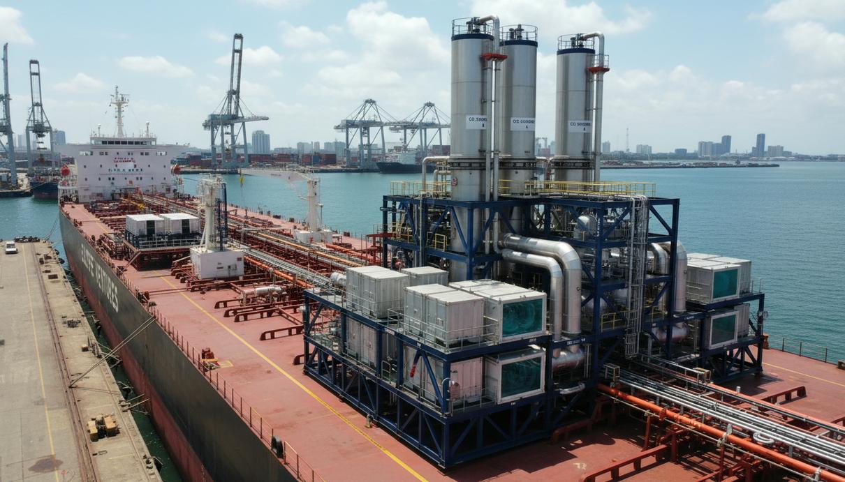 Промышленное оборудование для улавливания углекислого газа на палубе крупного танкера в порту