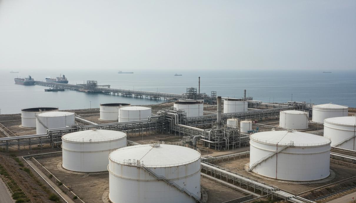 Ряд крупных белых резервуаров нефтехранилища на побережье у спокойного моря под дымчатым небом