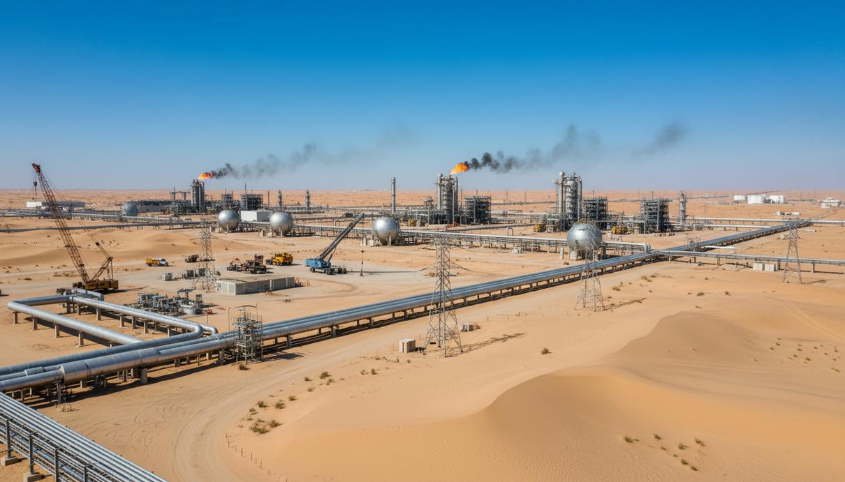 Индустриальный пейзаж с нефтяными резервуарами и ректификационными колоннами в пустыне.