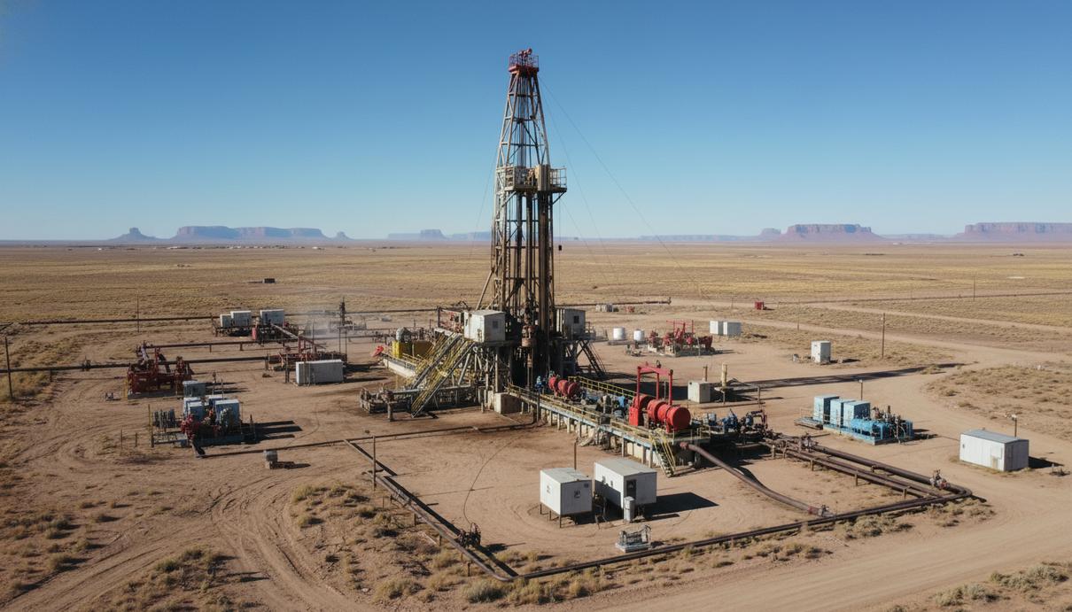 Нефтяная вышка и промышленное оборудование на фоне пустынного ландшафта в США под ясным небом.