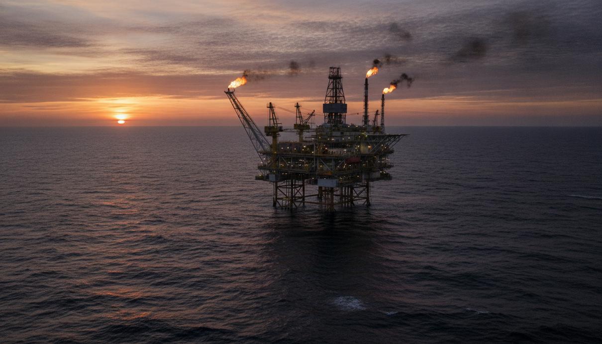 Eni получила права на разведку и добычу углеводородов на шельфе Гамбии Промышленная буровая платформа в открытом океане на фоне заката