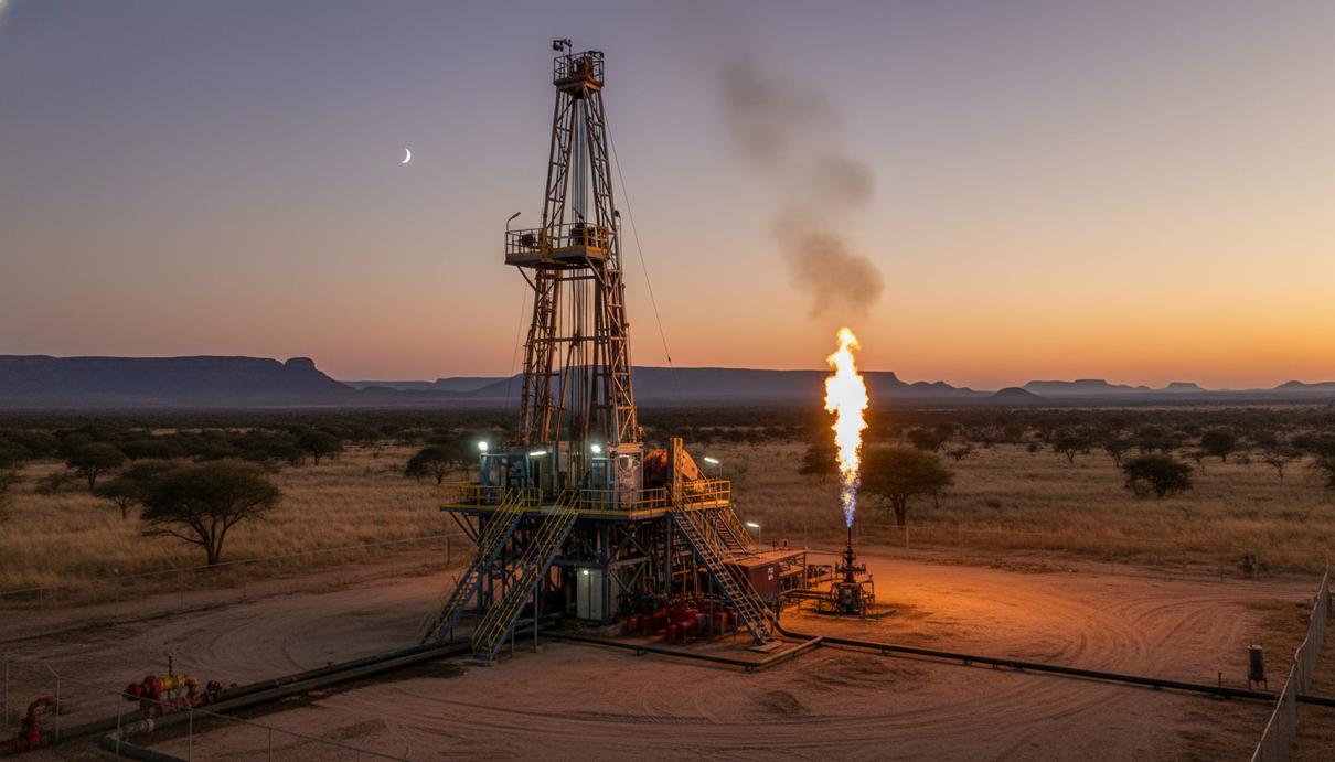 ReconAfrica начинает испытания на нефтяном месторождении Каванго в Намибии Буровая установка и факельная система для сжигания газа в засушливой саванне Намибии.