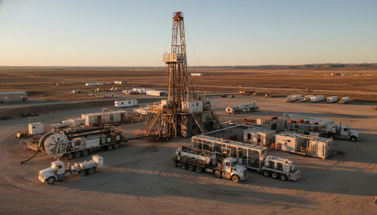 Современная буровая установка и нефтесервисное оборудование на фоне открытого ландшафта в лучах заката
