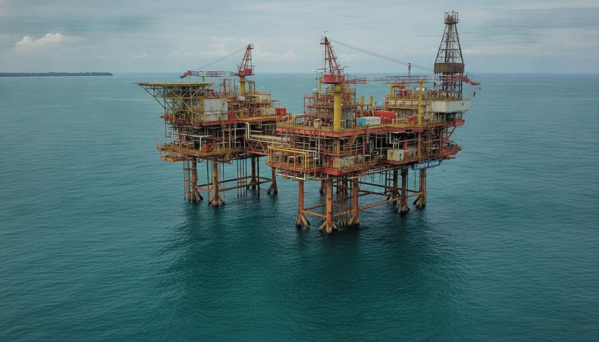 EnQuest купит шельфовые активы в Малайзии за $833 млн Морская нефтегазовая платформа у побережья Малайзии. Видны буровая вышка, трубы и технологические модули. Спокойное море.