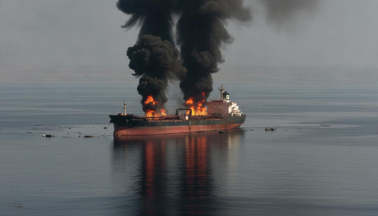 В Оманском заливе загорелся танкер, перевозивший иранскую нефть Нефтяной танкер с идущим от него чёрным дымом дрейфует в море в Оманском заливе.