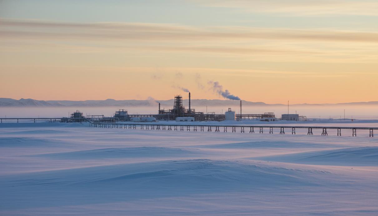 APA Corporation покупает инфраструктуру Savant Alaska на Северном склоне Промышленный объект по добыче нефти и надземный трубопровод на заснеженной равнине Северного склона Аляски.