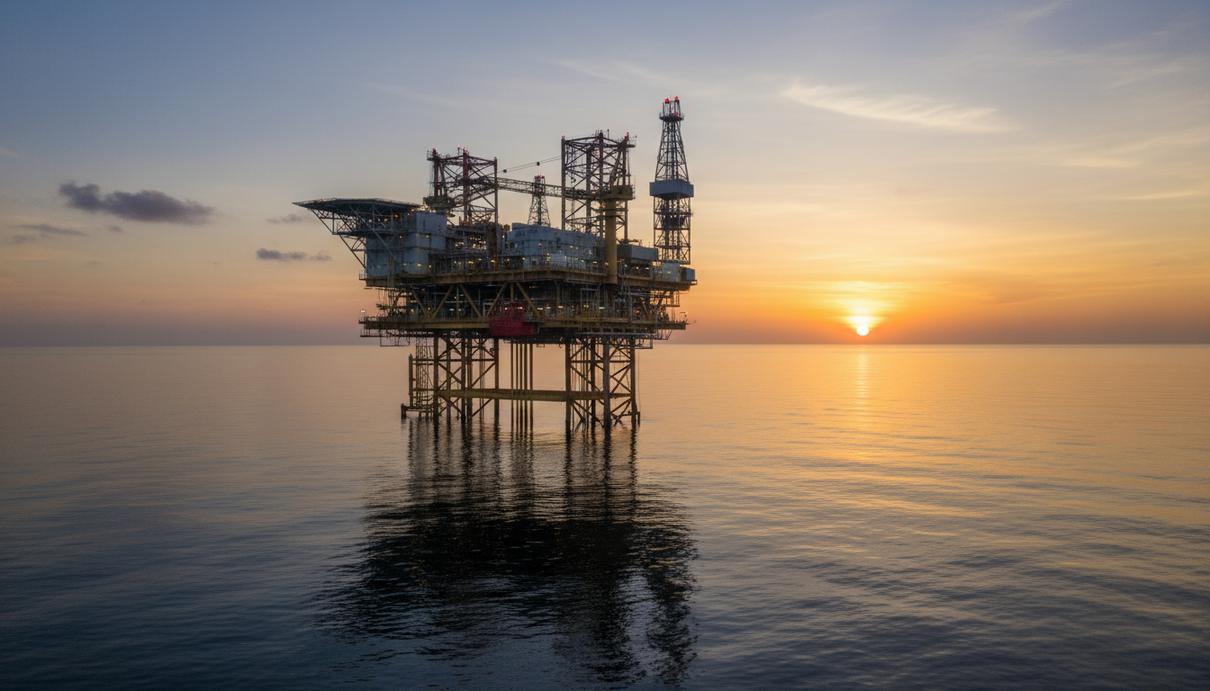 Petrobras купит у Equinor долю в блоке в бассейне Кампус Морская нефтегазовая платформа для геологоразведки в бассейне Кампус в Бразилии на фоне океана во время восхода солнца.
