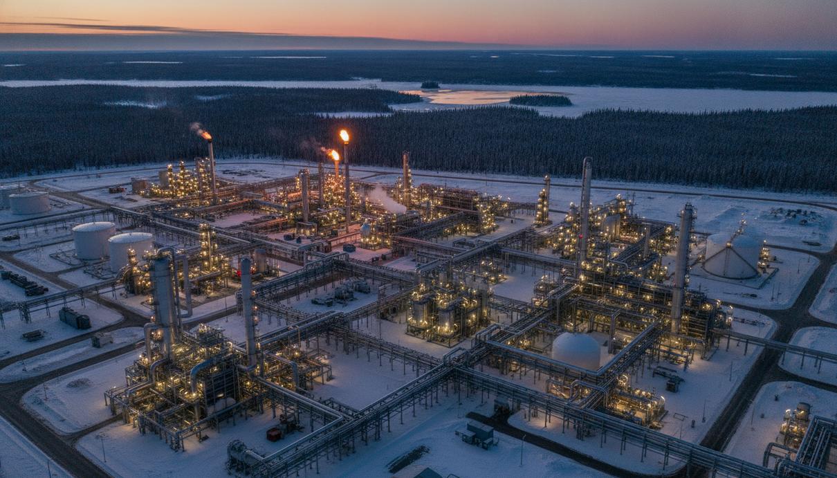 Промышленный пейзаж канадского газоперерабатывающего завода на закате. Видны трубопроводы, резервуары и технологические установки.