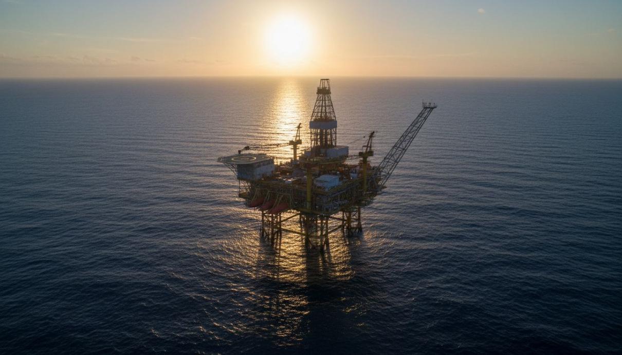 Murphy Oil сообщила об открытии месторождения на шельфе Кот-д'Ивуара Морская нефтегазовая буровая платформа в открытом океане на закате у побережья Западной Африки.