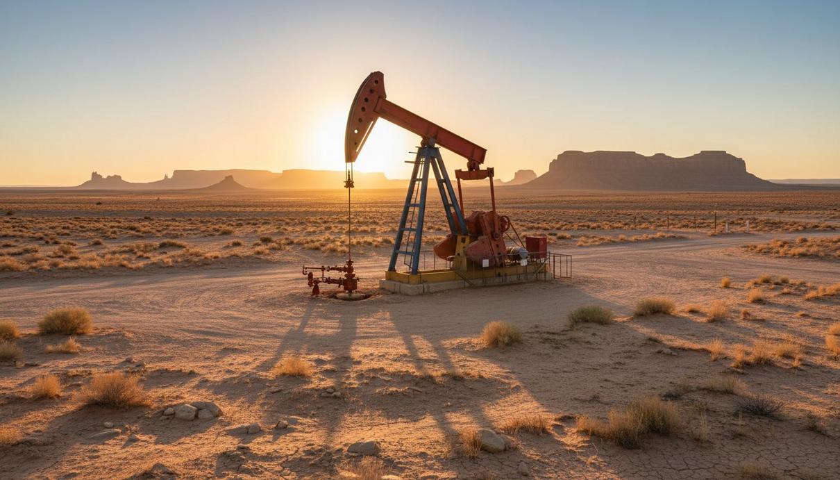 МВД США готовит ослабление правил для нефтегазовой отрасли Нефтяная качалка на месторождении в пустынной местности на фоне скалистых плато на закате.