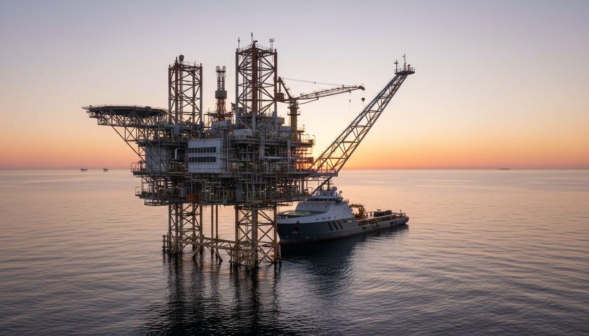Морская нефтедобывающая платформа в Северном море на рассвете, рядом стоит судно снабжения.
