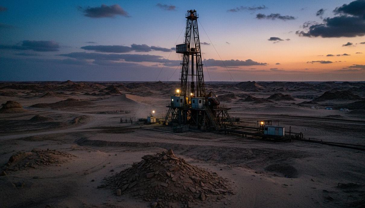 AXP Energy получит 25% в нефтегазовом проекте в Сирии Сухопутная буровая установка в пустынном, каменистом ландшафте бассейна Пальмириды в Сирии на закате.