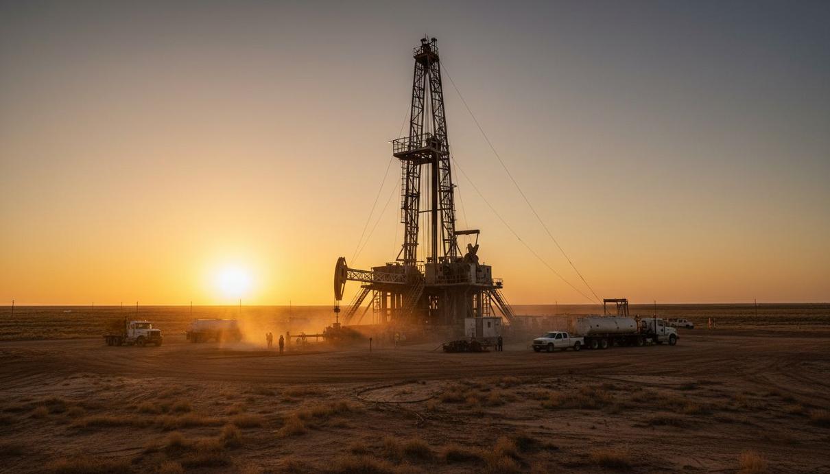 Наземная буровая установка для добычи нефти в пустынной местности на рассвете.