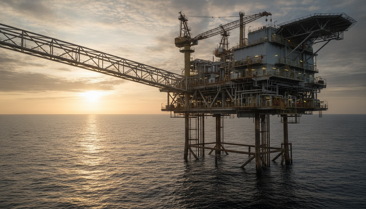 Aker BP увеличила долю в проекте «Йохан Свердруп» после пересмотра данных Нефтедобывающая платформа в открытом море в предрассветные часы