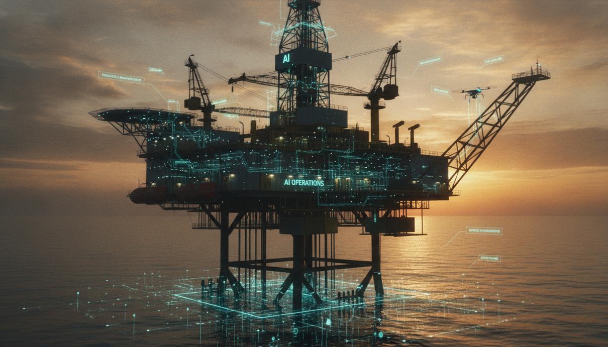 Морская нефтедобывающая платформа на рассвете, на фоне которой видны схематичные потоки цифровых данных.