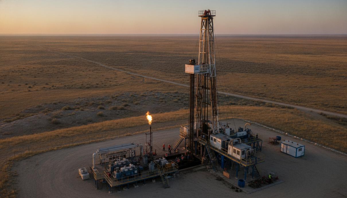 Condor Energies расширила газовое месторождение в Узбекистане Газовая буровая вышка на кустовой площадке в степном ландшафте Узбекистана на рассвете.