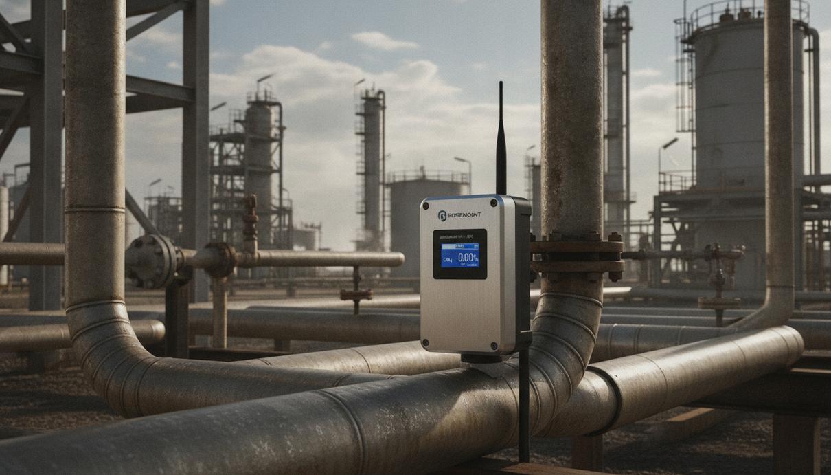 Emerson будет отслеживать горючие газы беспроводными датчиками Беспроводной газоанализатор на металлической трубе на фоне промышленного оборудования нефтеперерабатывающего завода.