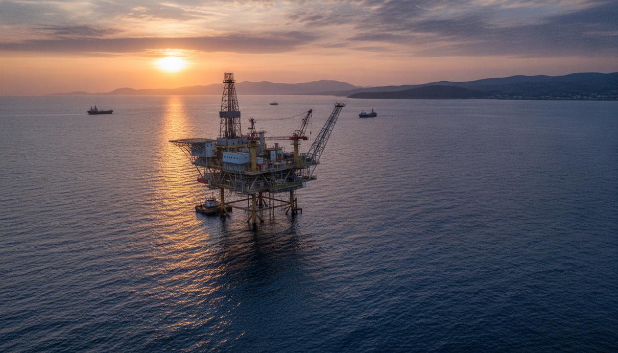 Chevron получила 70% в разведочном блоке на шельфе Греции Морская платформа для разведки нефти и газа в Ионическом море на фоне заката. Вдали виден холмистый берег Греции.