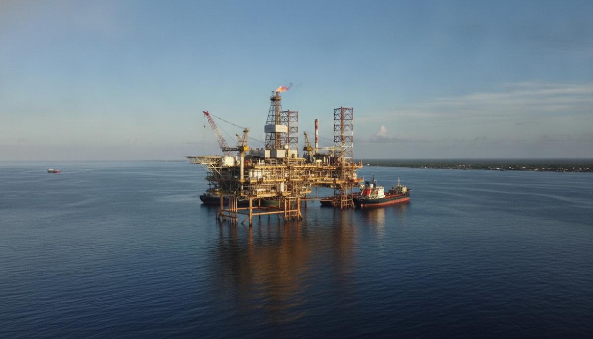 Kosmos Energy продала активы в Экваториальной Гвинее за $127 млн Морская нефтедобывающая платформа в океане в ясный день. Вид с воздуха на промышленные сооружения и спокойную воду.