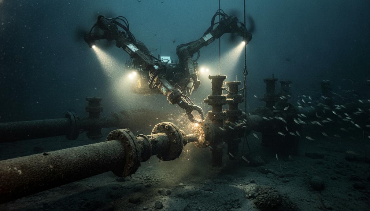 DeepOcean демонтирует подводную инфраструктуру bp на месторождении Фойневен Подводный робот с манипуляторами демонтирует нефтегазовое оборудование на морском дне среди ила.