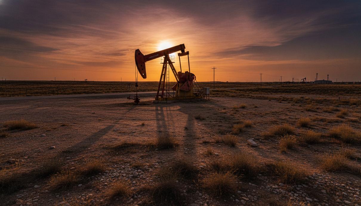 Нефтяная вышка-качалка работает на месторождении в Техасе на фоне заката.