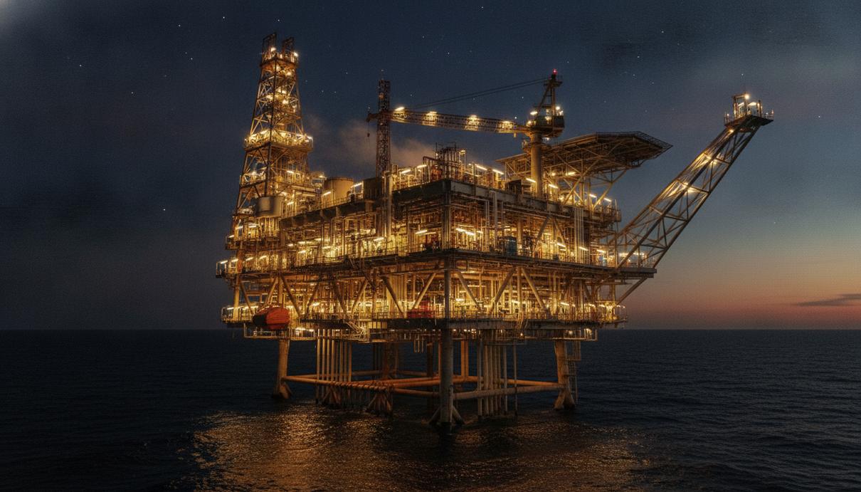 TotalEnergies запустила ИИ-систему для контроля за утечками метана Офшорная нефтегазовая платформа с трубами и оборудованием в море на закате.