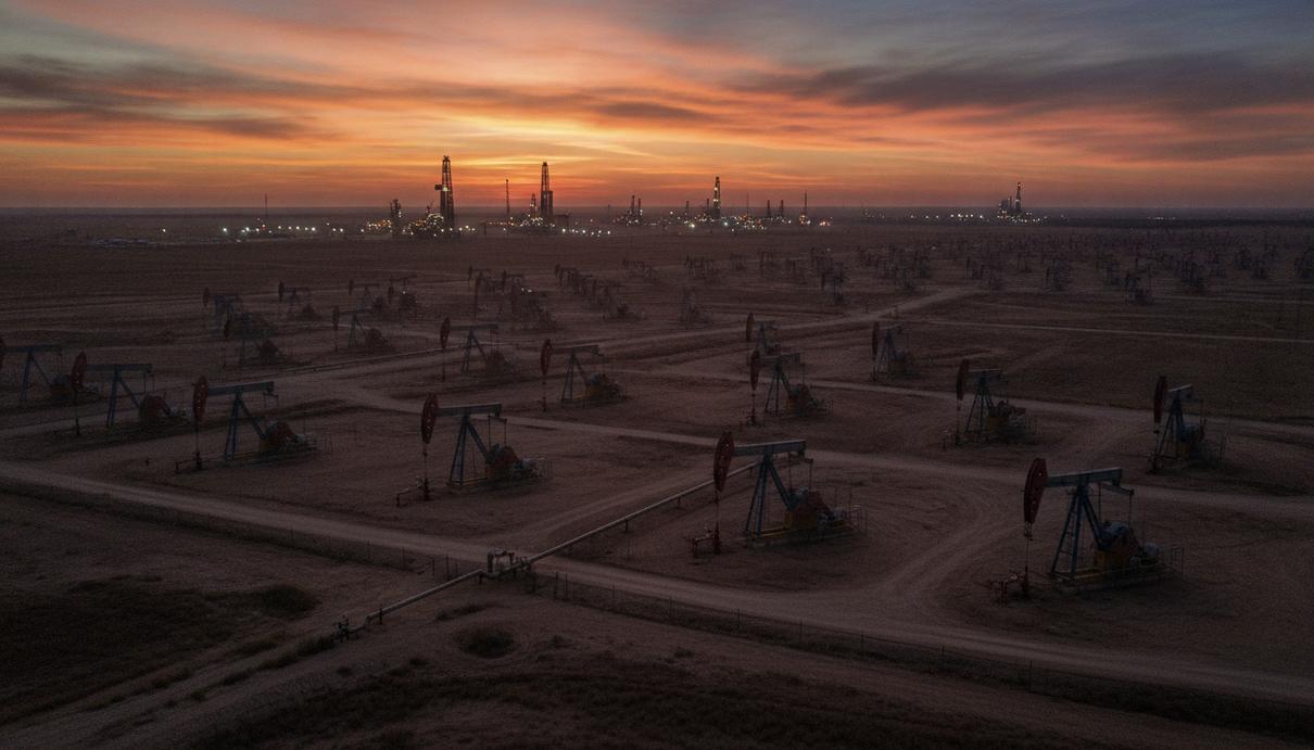 Нефтегазовый сектор Техаса нарастил занятость вопреки волатильности рынка Нефтяное месторождение в Техасе на закате. В ряд стоят работающие нефтяные насосы, на горизонте видны буровые вышки.